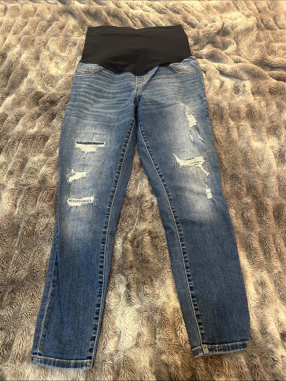 Maternity Distressed Blue Denim Jeans with Blue Stretch Waistband